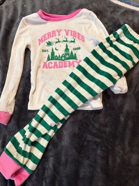 Vibe White Top with Pink Trim & Green Striped Pajama Set